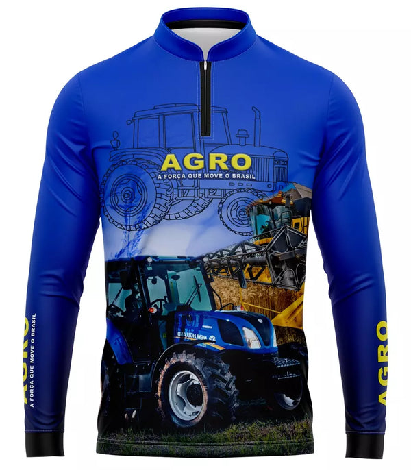 Camiseta agro que move o Brasil com Proteção uv 50+ e Zíper de manga longa