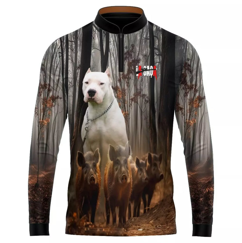 Camiseta de Caça Pitbull Branco com Proteção UV50+ Gola de Zíper e Tecido premium