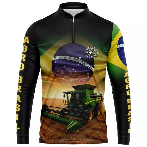 Camiseta Agro Pecuária Brasil com Proteção uv50+ com ziper e manga longa