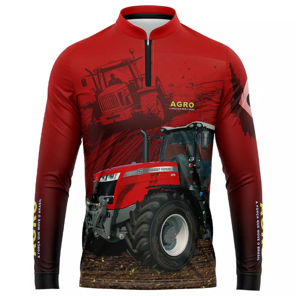 Camiseta Agro trator vermelho  com Proteção uv 50+ de ziper manga longa