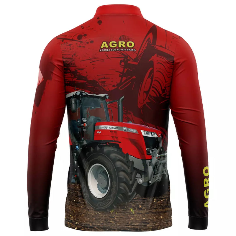 Camiseta Agro trator vermelho  com Proteção uv 50+ de ziper manga longa