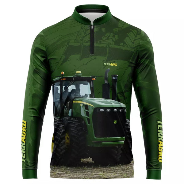 Camiseta Agro trator verde com proteção uv 50+ e gola ziper