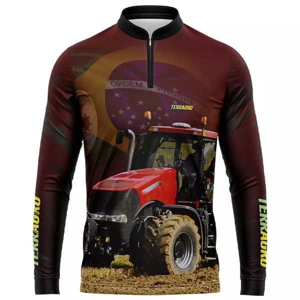 Camiseta Terra agro Vermelha com proteção uv 50+ gola de zíper e tecido Premium