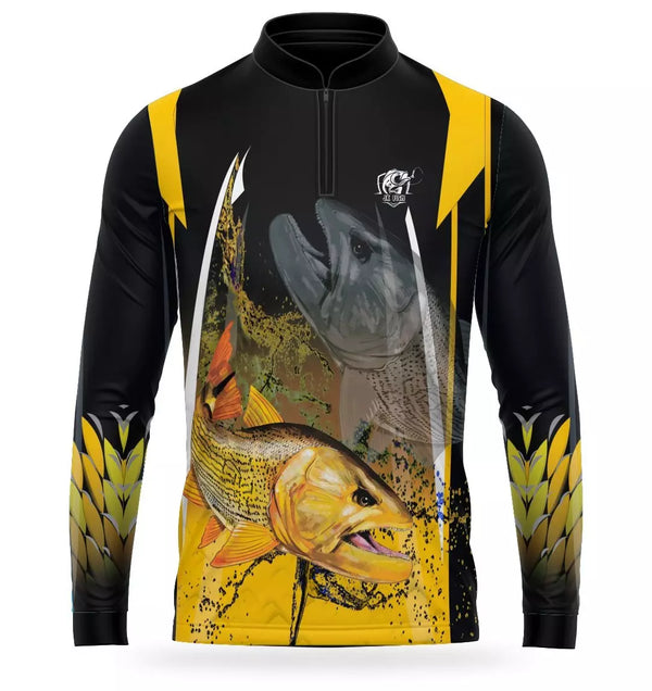 Camiseta de Pesca Dourado com proteção uv 50+ gola de ziper com tecido premium