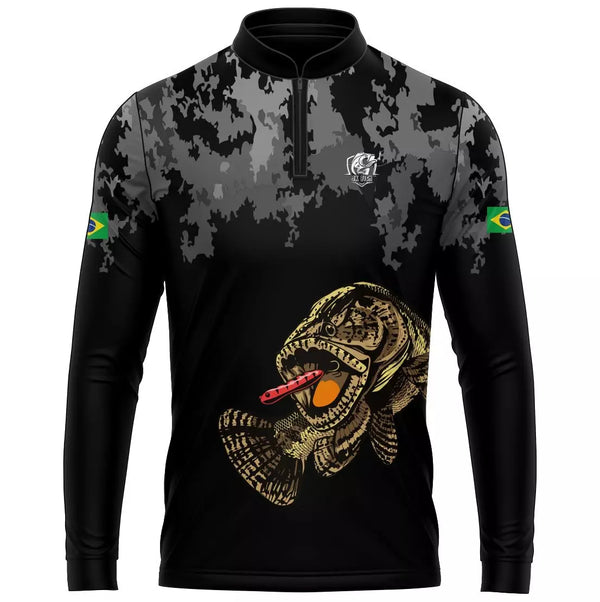 Camiseta de Pesca Traíra camuflada com proteção uv 50+ gola de ziper e tecido premium