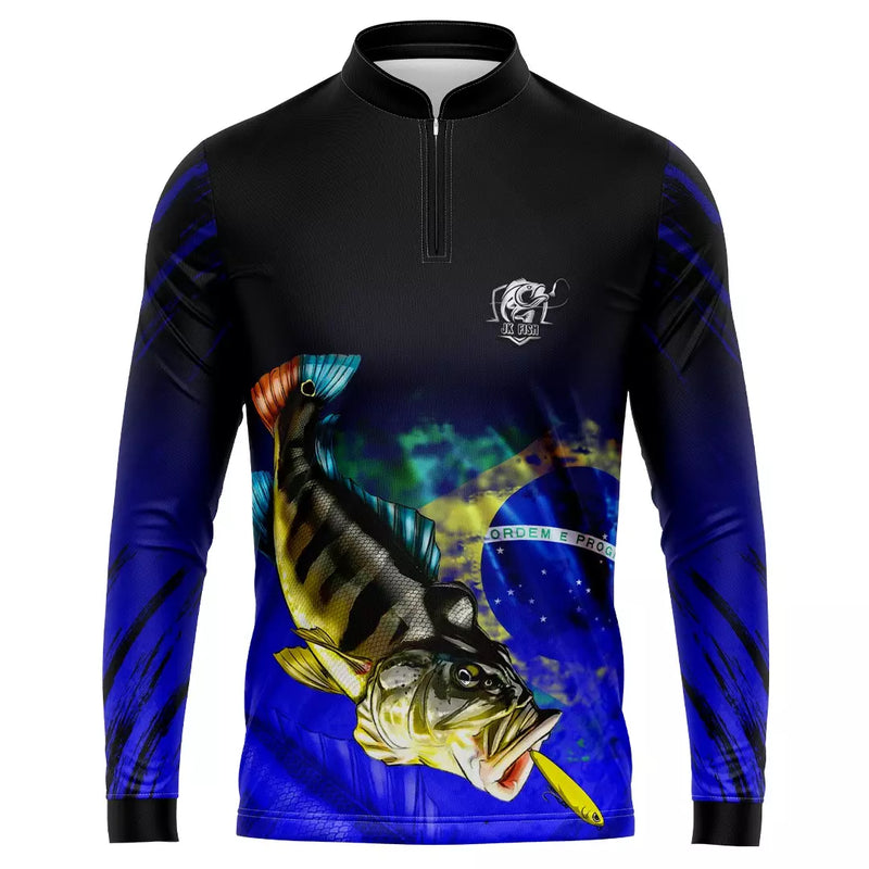 Camiseta de Pesca Tucunaré Azul Escura com Proteção uv 50+ com gola de ziper e tecido premium