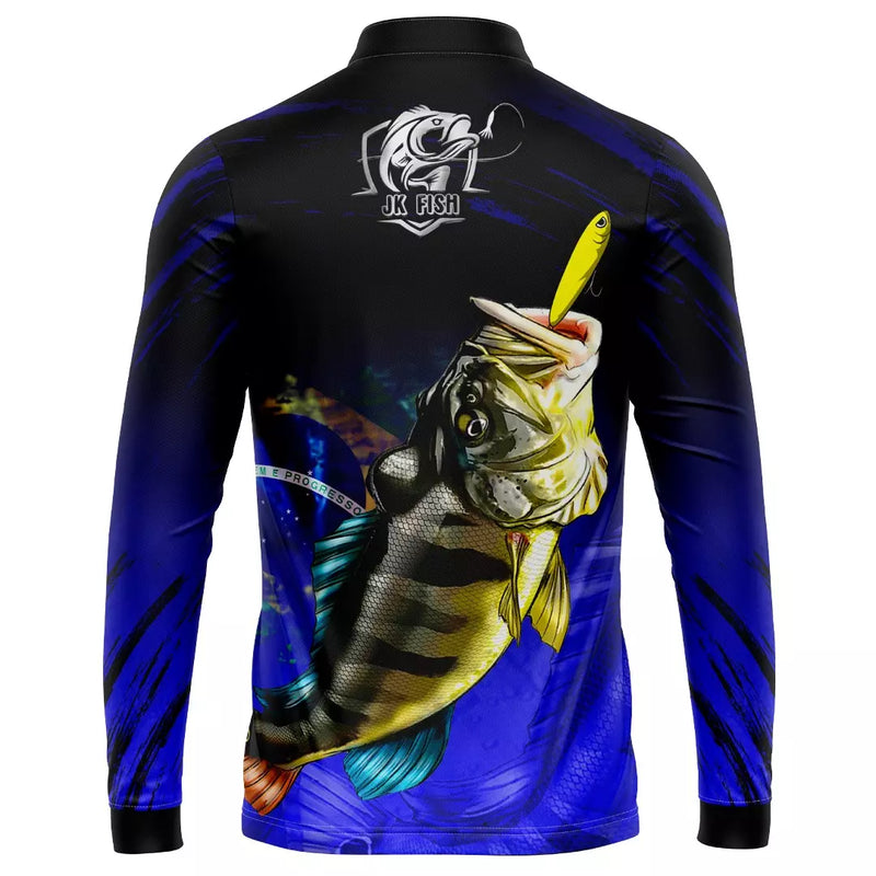 Camiseta de Pesca Tucunaré Azul Escura com Proteção uv 50+ com gola de ziper e tecido premium