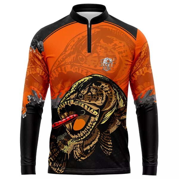 Camiseta de Pesca Traíra laranja com Proteção UV 50+ com tecido premium e gola de ziper