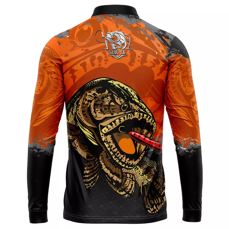 Camiseta de Pesca Traíra laranja com Proteção UV 50+ com tecido premium e gola de ziper