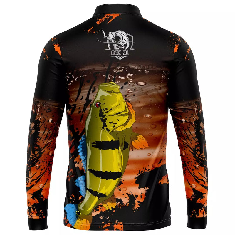 Camiseta de pesca tucunaré preta com laranja com Proteção uv 50+ com gola de ziper e tecido premium