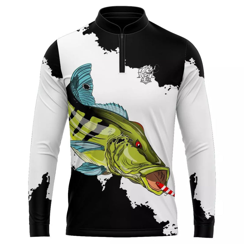 Camiseta de Pesca Tucunaré Branca com Proteção uv 50+ com gola de Ziper