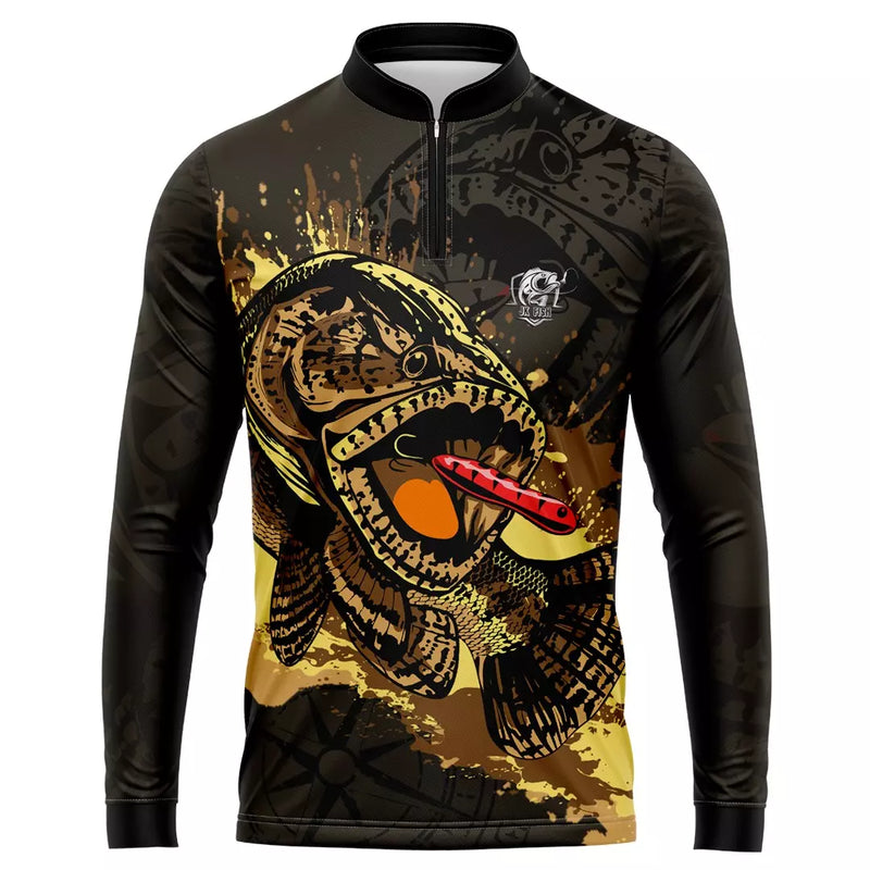 Camiseta de Pesca Traíra Marrom com gola de Zíper com Proteção uv 50+ e Tecido Premium