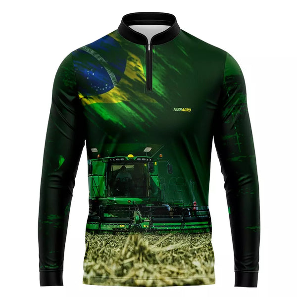 Camiseta Agro Brasil Verde Com Gola de Zíper com Proteção UV 50+ com Tecido Premium