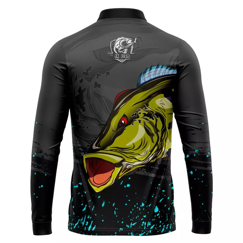 Camiseta de Pesca Tucunaré Cinza com Zíper e Proteção UV 50+