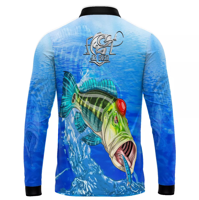 Camiseta de Pesca Tucunaré Azul com Proteção UV50+ Gola de Zíper e Tecido Premium