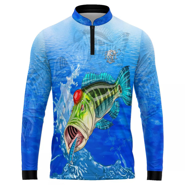 Camiseta de Pesca Tucunaré Azul com Proteção UV50+ Gola de Zíper e Tecido Premium