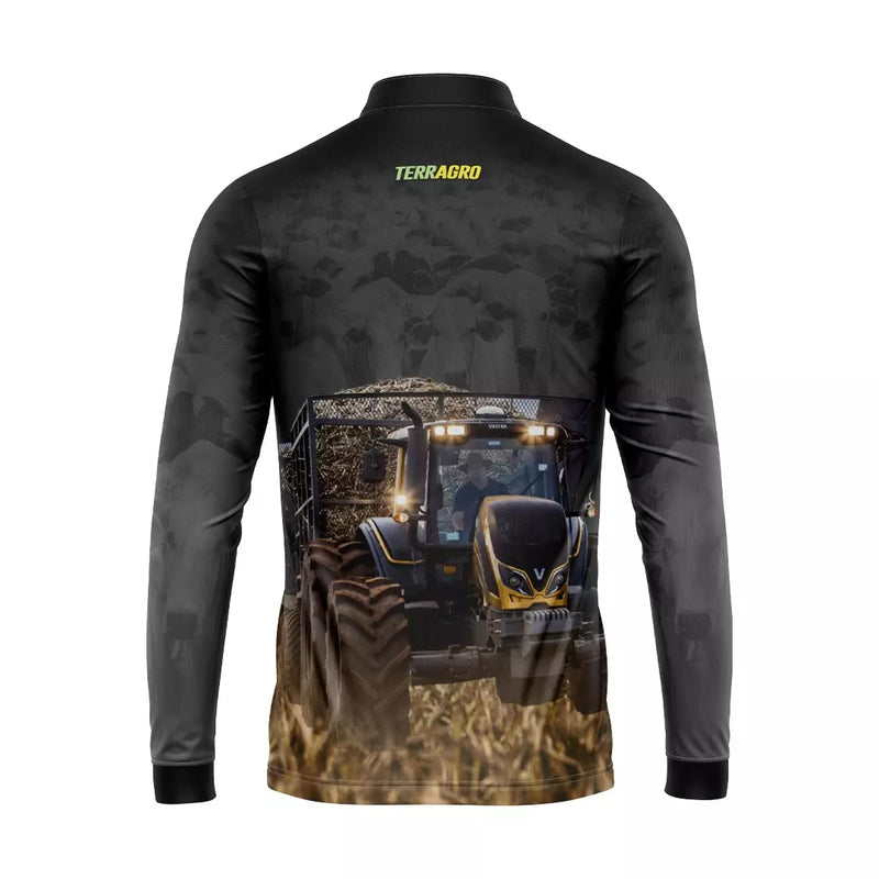 Camiseta Agro Trator Cinza com Gola de Zíper e Tecido Pemium com Proteção uv50+