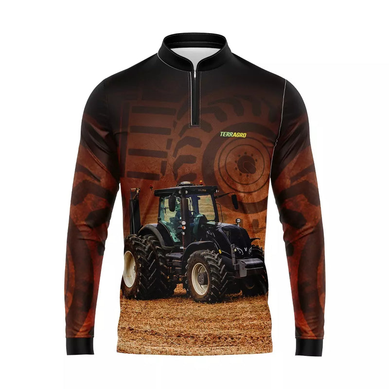 Camiseta Agro Laranjada Escura com Gola de Zíper e Tecido premium com Proteção UV50+