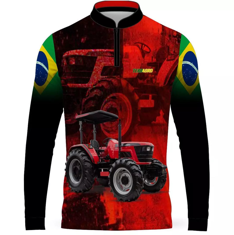 Camiseta Terragro Vermelha e Preta com Gola de Zíper e Proteção UV50+ com Tecido Premium