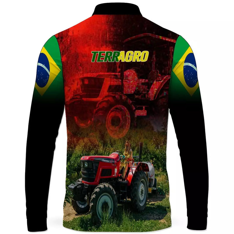 Camiseta Terragro Vermelha e Preta com Gola de Zíper e Proteção UV50+ com Tecido Premium