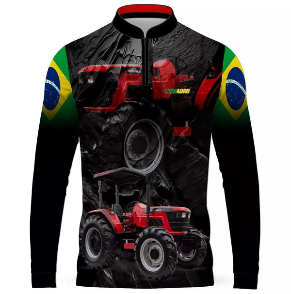 Camiseta Terragro Preta Trator Vermelho Brasil com Gola de Zíper Proteção UV50+ e Tecido Premium