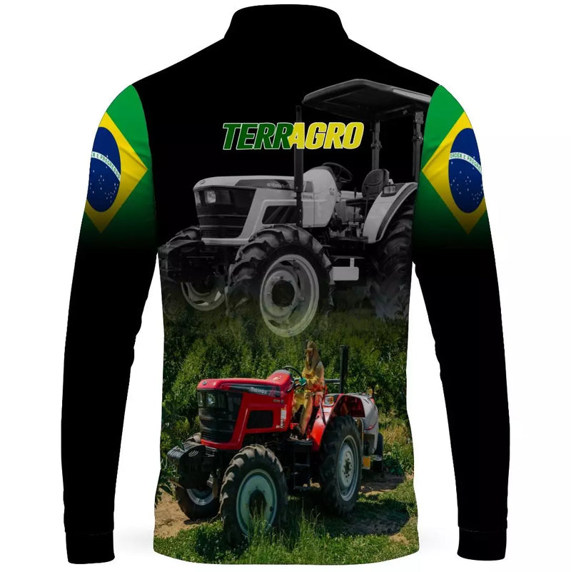 Camiseta Terragro Preta Trator Vermelho Brasil com Gola de Zíper Proteção UV50+ e Tecido Premium