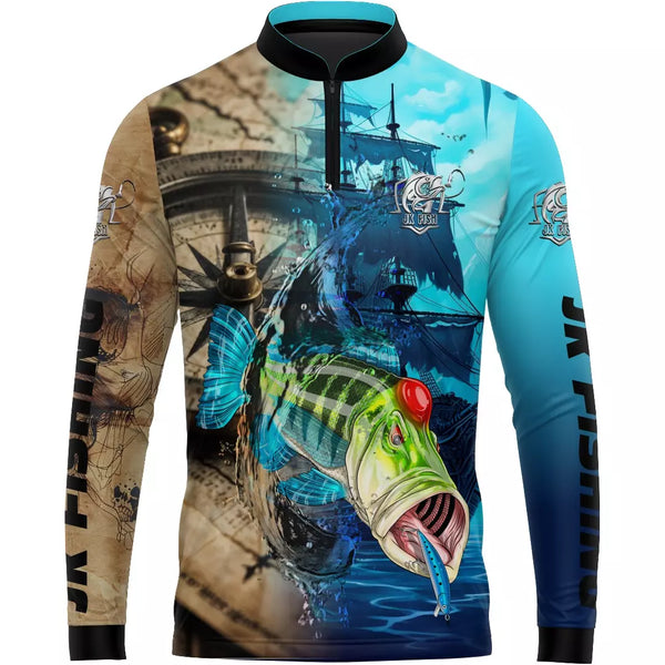 Camiseta de pesca Tucunaré Azul Bússola Com proteção UV 50+ tecido premium e Gola De Zíper