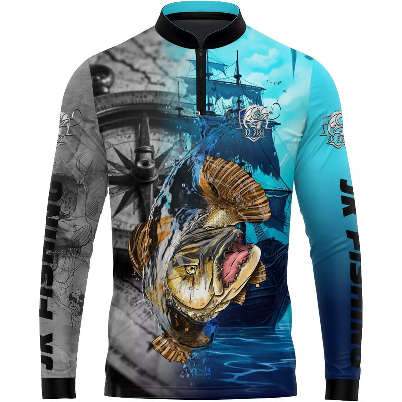 Camiseta de pesca Traíra Azul Bússola Com Proteção UV 50+ Gola com zíper e Tecido premium