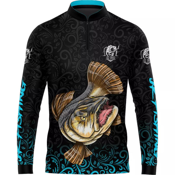 Camiseta de Pesca Jk Traira Fishing Azul com Proteção UV50+ com Gola de Zíper e Tecido Premium