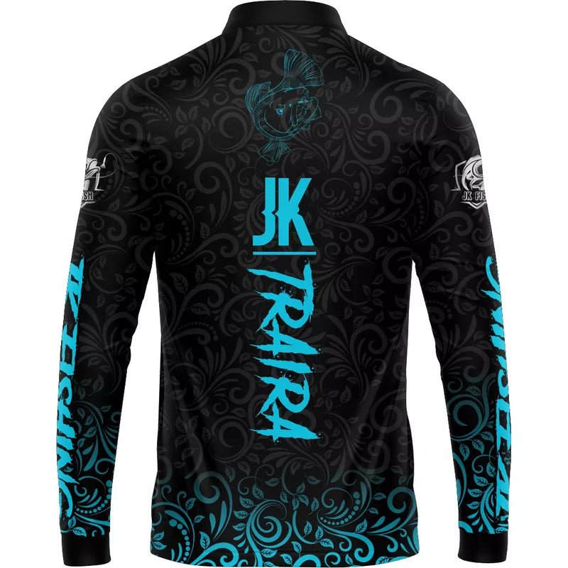Camiseta de Pesca Jk Traira Fishing Azul com Proteção UV50+ com Gola de Zíper e Tecido Premium