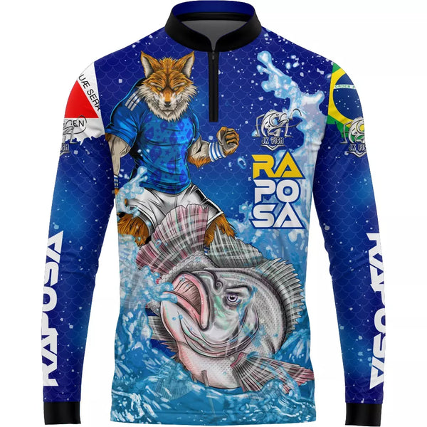 Camiseta de Pesca Raposa Azul com Gola de Zíper com Tecido Premium com Proteção UV50+