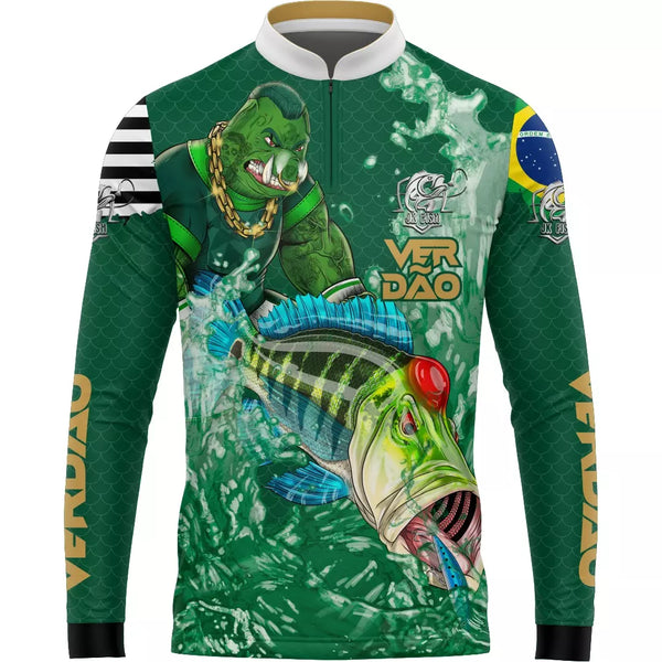 Camiseta de Pesca Verdão com Gola de Zíper e Tecido Premium com Proteção UV50+