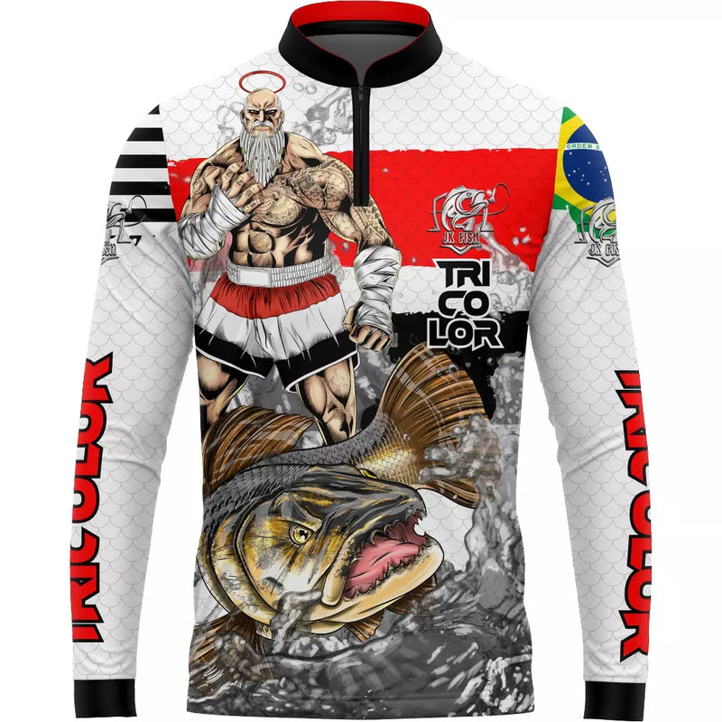 Camiseta de Pesca Tricolor com Gola de Zíper e Tecido Premium com Proteção UV50+