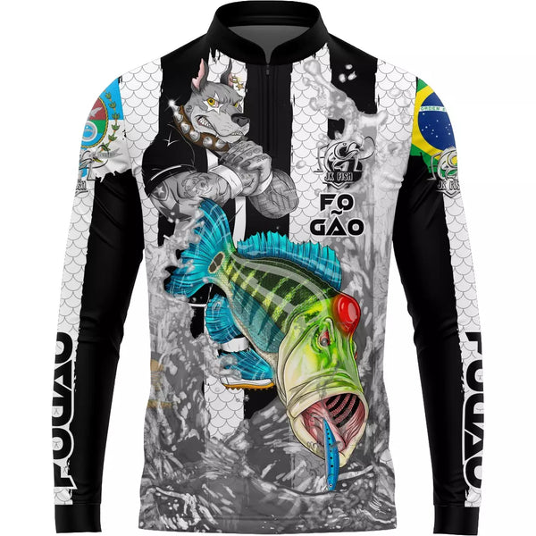 Camiseta de Pesca Fogão com Gola de Zíper e Tecido Premium com Proteção UV50+