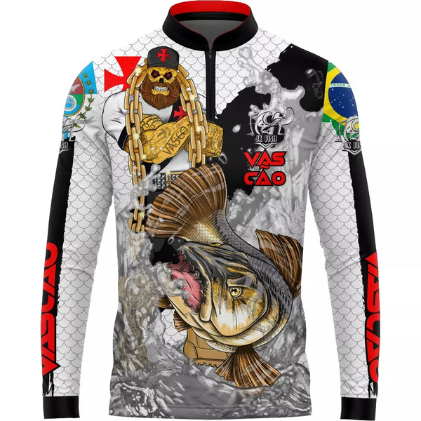 Camiseta de Pesca Vascão com Gola de Zíper e Tecido Premium com Proteção UV50+