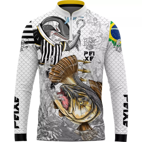 Camiseta de Pesca Santos Peixe com Gola de Zíper e Tecido Premium com Proteção UV50+