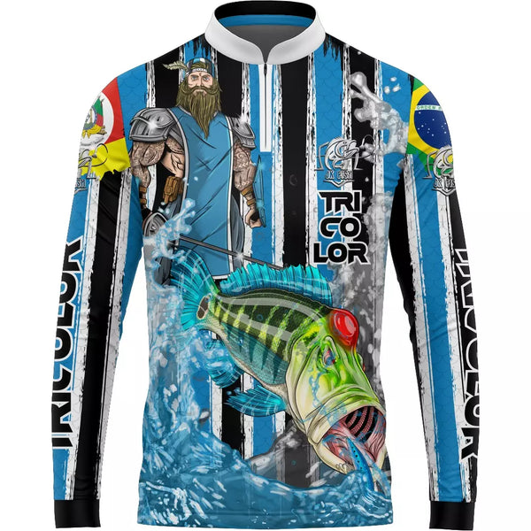 Camiseta de Pesca Grêmio Tricolor com Gola de Zíper e Tecido Premium com Proteção UV50+