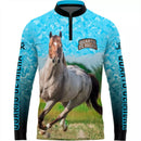 Camiseta Cavalo Quarto de Milha Azul com Proteção UV50+ Gola de Zíper e Tecido Premium