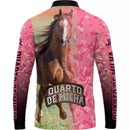 Camiseta Cavalo Quarto de Milha Rosa com Proteção UV50+ Com Gola de Zíper e Tecido Premium