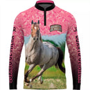 Camiseta Cavalo Quarto de Milha Rosa com Proteção UV50+ Com Gola de Zíper e Tecido Premium