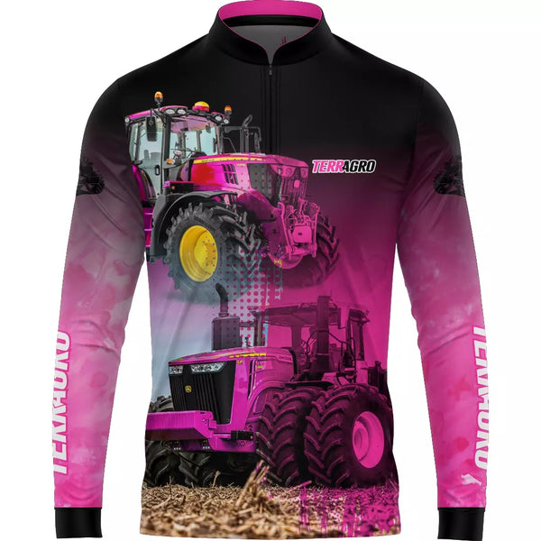 Camiseta Terragro Rosa com gola Zíper e Tecido Premium com Proteção UV 50+
