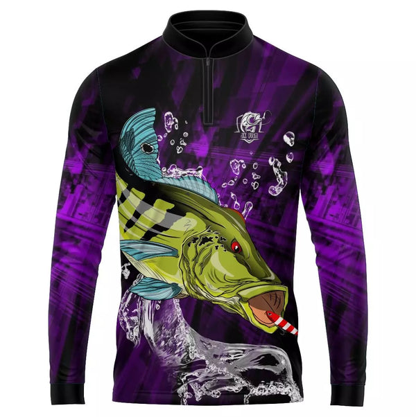 Camiseta De Pesca Tucunaré Roxo com Proteção UV50+ com Gola de Zíper e Tecido Premium