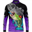 Camiseta de Pescaria Tucunaré Roxo com Preto Proteção UV50+ com Tecido Premium Gola Zíper