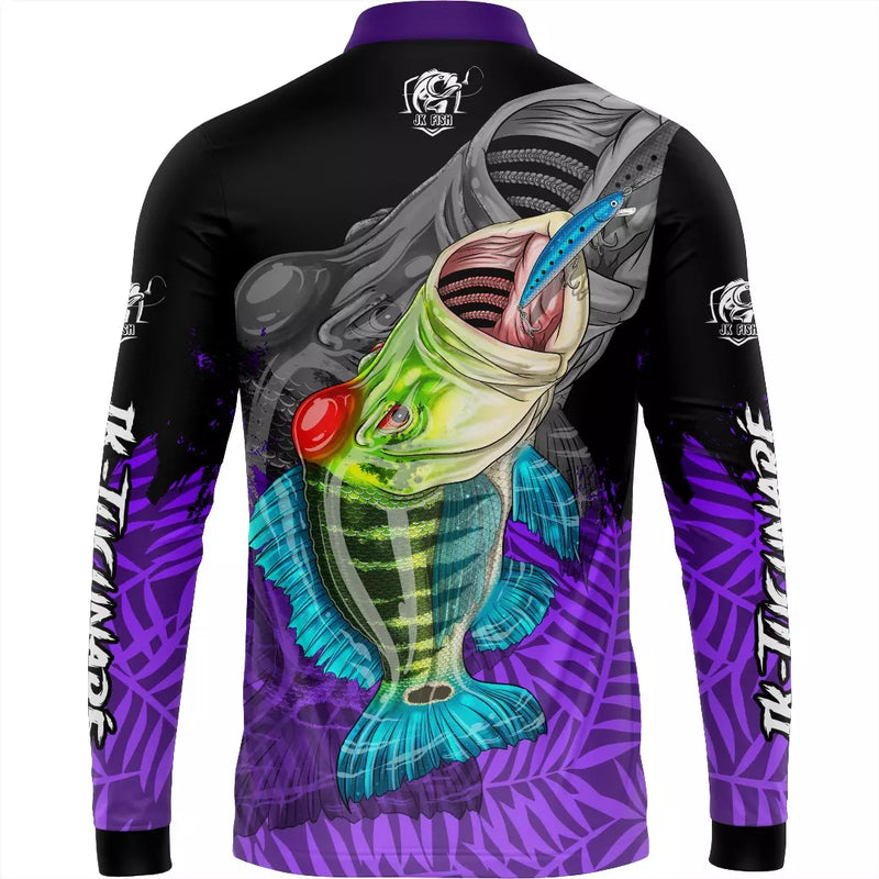 Camiseta de Pescaria Tucunaré Roxo com Preto Proteção UV50+ com Tecido Premium Gola Zíper