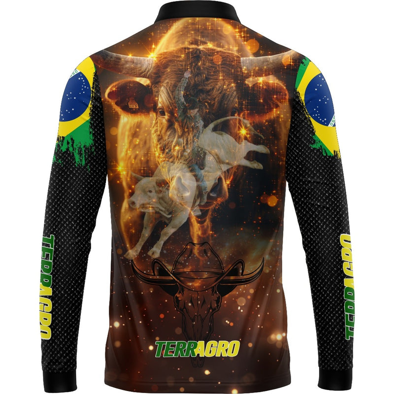 Camiseta Rodeio Touro Bruto com Proteção UV50+ Gola de Zíper e Tecido Premium