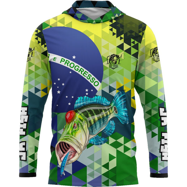 Camiseta de Pesca Tucunaré Azul Brasil com Proteção UV50+ e Tecido Premium e Capuz