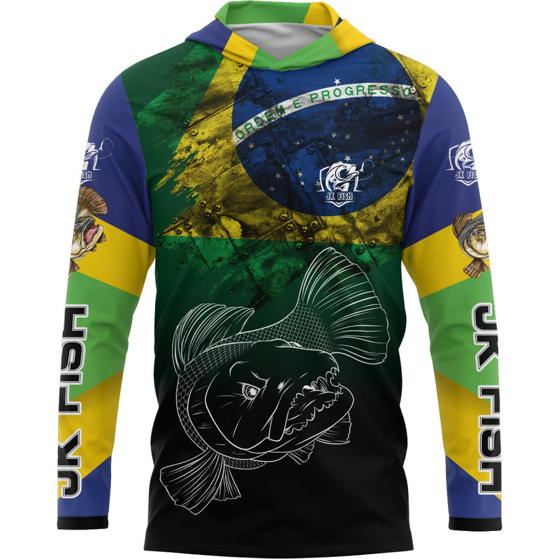 Camiseta de Pesca Traíra Brasil com Tecido Premium com Proteção UV50+ e Capuz