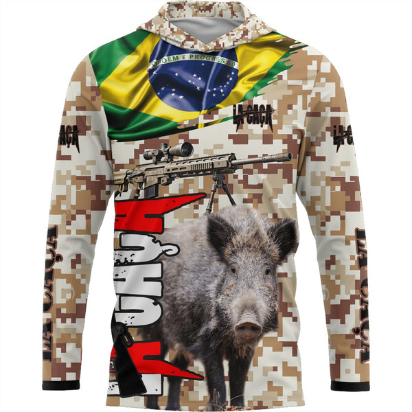 Camiseta de Caça Bege Camuflada Brasil com Tecido Premium com Proteção UV50+ e Capuz