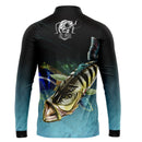 Camiseta de Pesca Jk Fish Tucunare Azul com Gola de Zíper e Tecido Premium com Proteção UV 50+