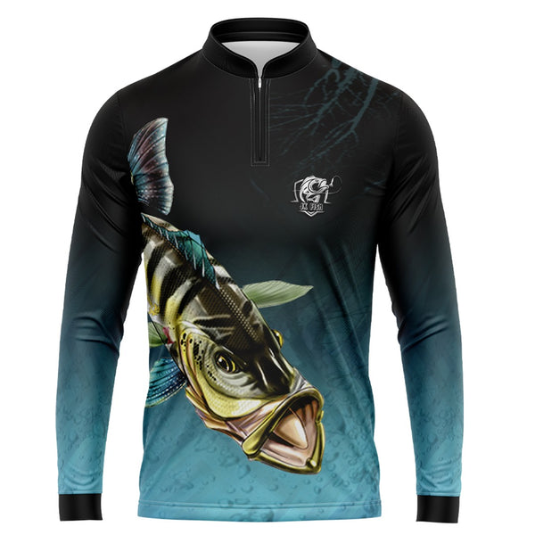 Camiseta de Pesca Jk Fish Tucunare Azul com Gola de Zíper e Tecido Premium com Proteção UV 50+